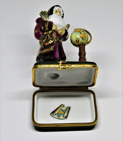 LIMOGES FRANCE BOX- CHRISTMAS - LYNN HANEY - "GLOBE SANTA CLAUS" - MAPS & WREATH