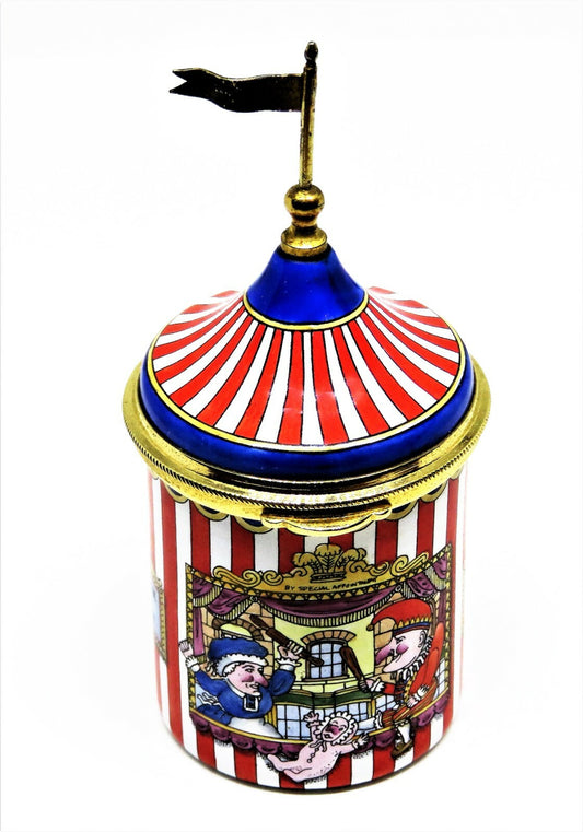STAFFORDSHIRE ENGLISH ENAMELS BOX - STRIPED TENT WITH PUNCH & JUDY PUPPET SHOW