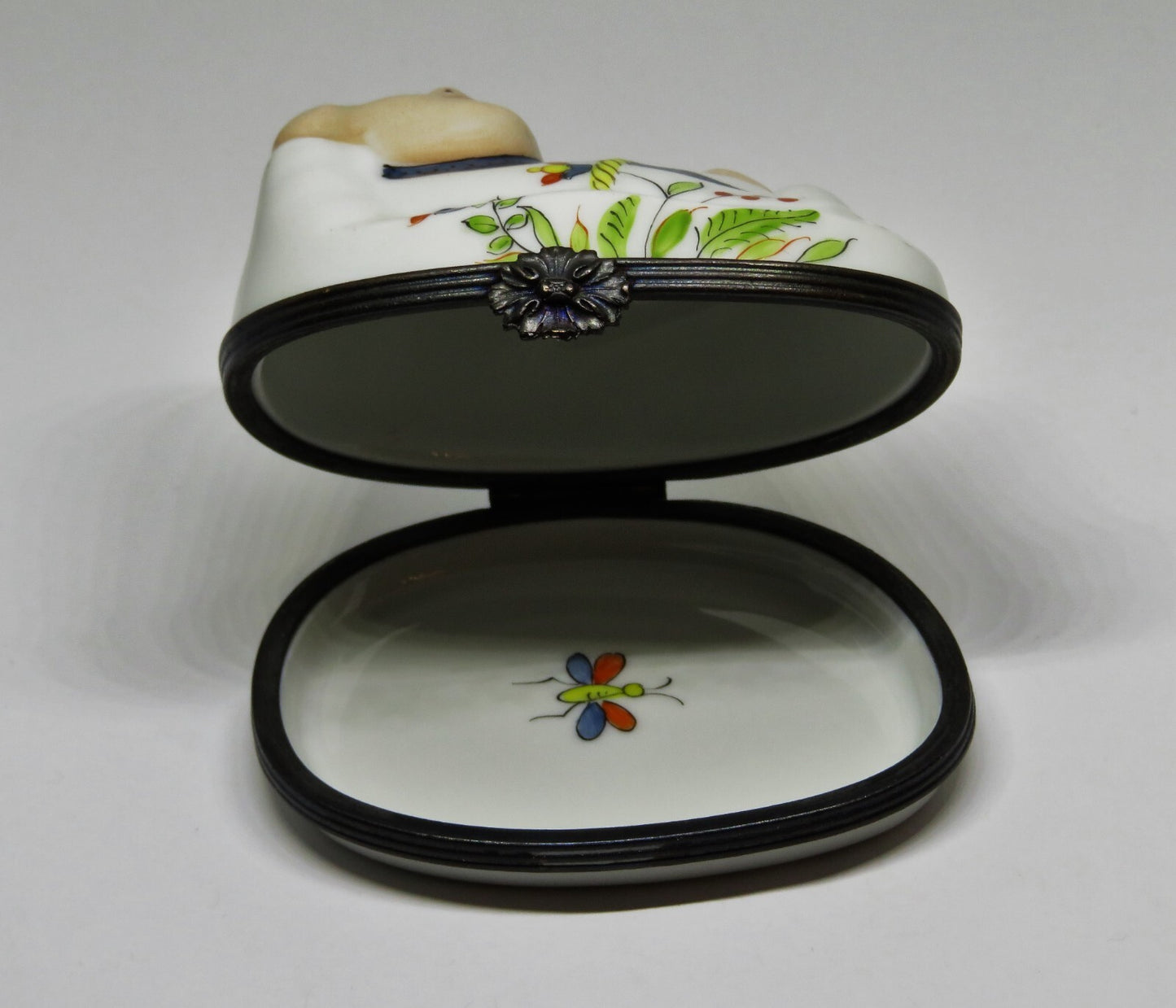 LIMOGES FRANCE BOX - RECLINING BUDDHA - FLOWERS & BUTTERFLY & ASIAN MAN - "MC"