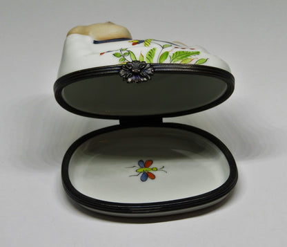 LIMOGES FRANCE BOX - RECLINING BUDDHA - FLOWERS & BUTTERFLY & ASIAN MAN - "MC"