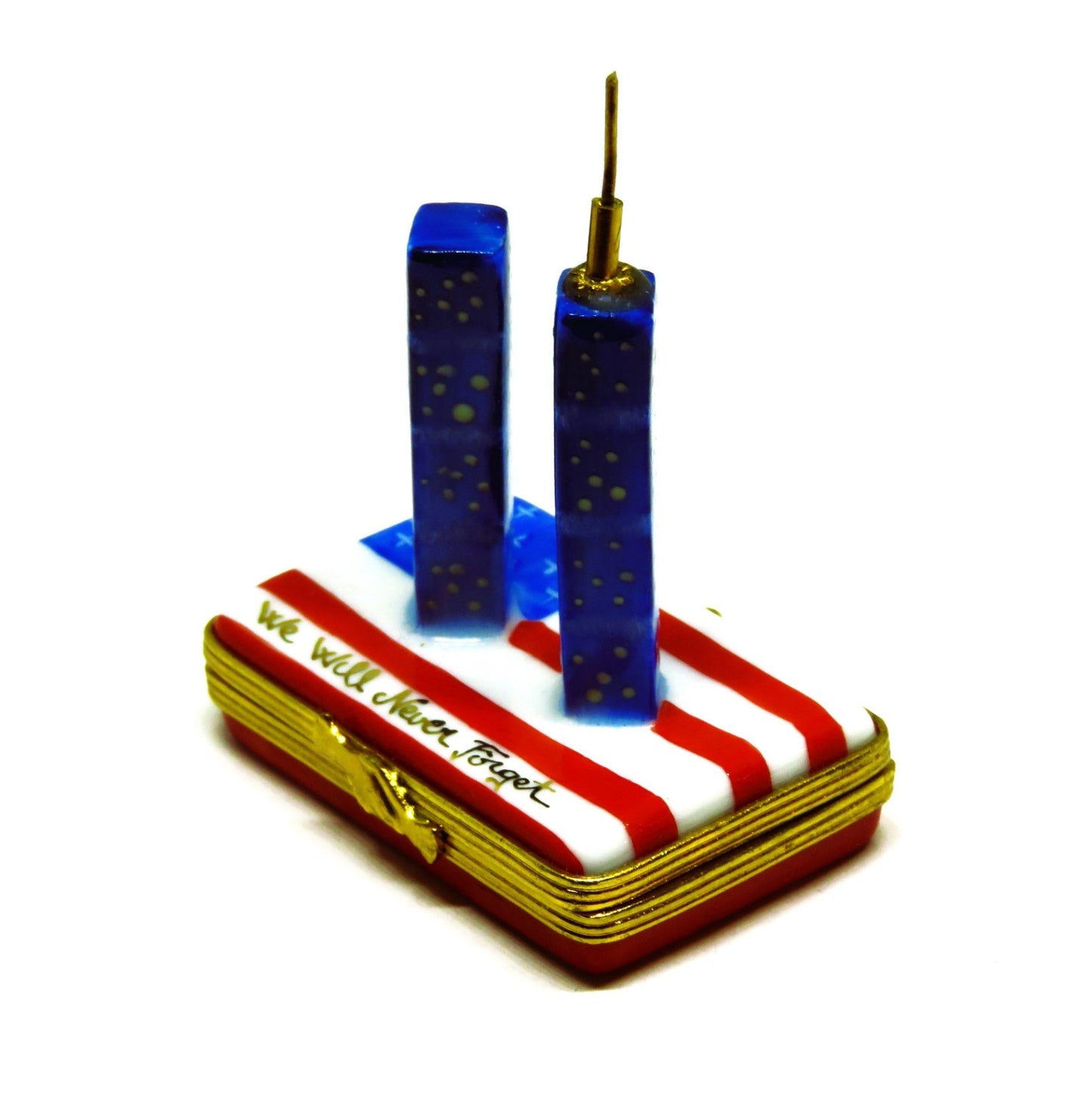 LIMOGES FRANCE BOX- TWIN TOWERS & UNITED STATES FLAG - 911 REMEMBRANCE - 238/750