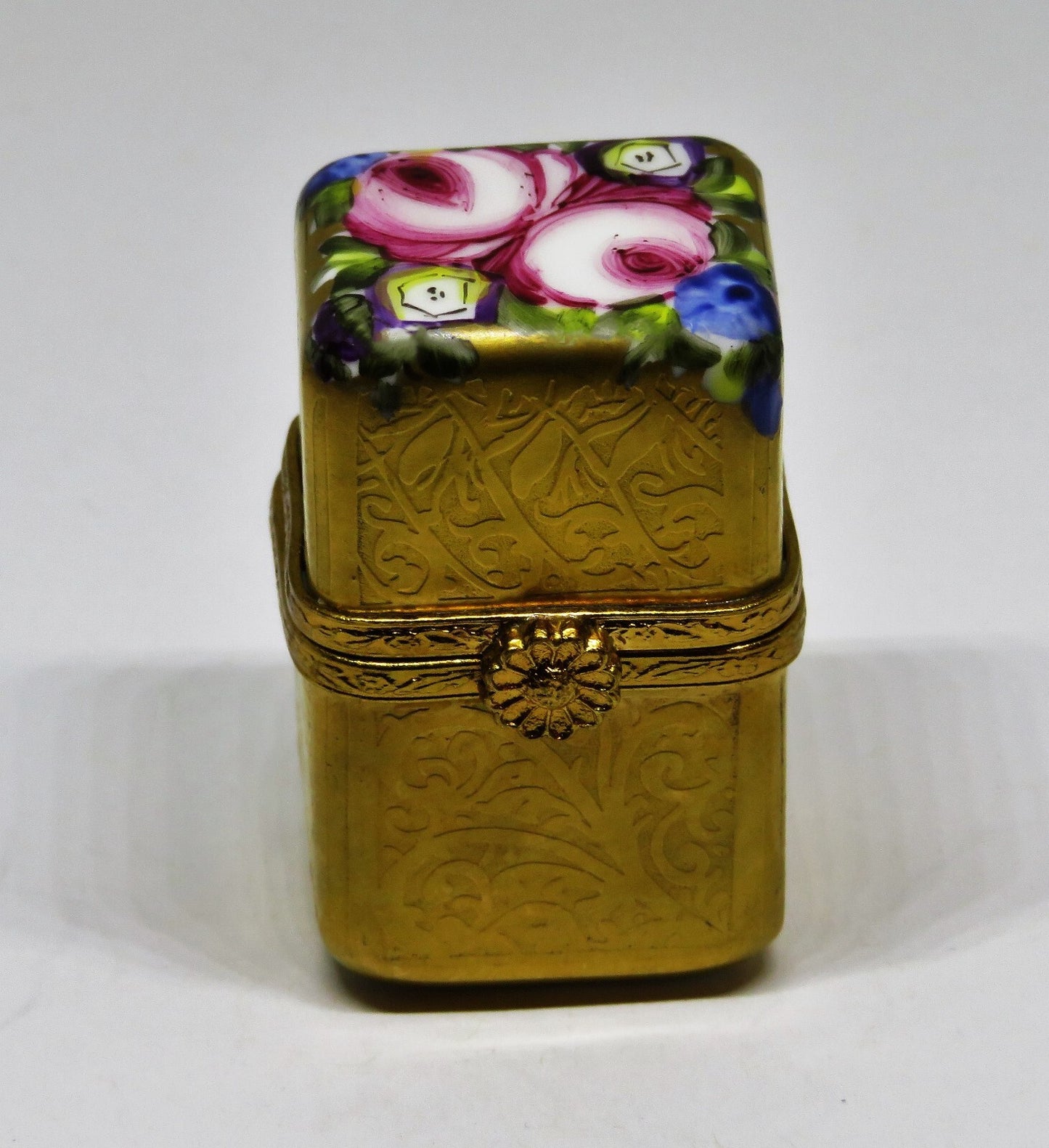 LIMOGES BOX - SMALL GOLD INCRUSTATION CHEST & PERFUME BOTTLE - FLOWERS - ROSES