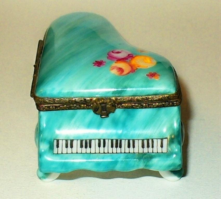 LIMOGES FRANCE BOX~ TEAL GRAND PIANO & FLOWERS ~ ROSES ~ SHEET MUSIC ~PEINT MAIN