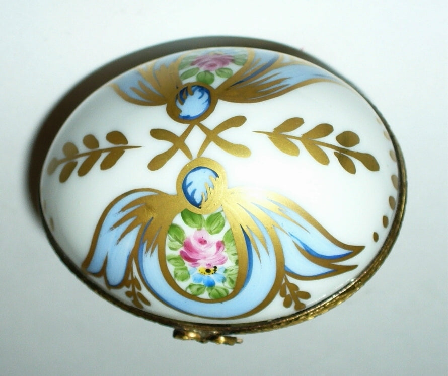 LIMOGES FRANCE BOX - FLORAL EGG - PINK ROSES & RIBBONS & PERFUME BOTTLE  - GR