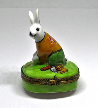 LIMOGES BOX - PARRY-VIELLE - BASEBALL PLAYING BUNNY - RABBIT - BALL & BAT & MITT