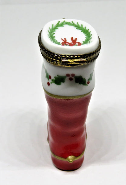 LIMOGES FRANCE BOX -CHRISTMAS- SANTA CLAUS BOOT - HOLLY & WREATH & "JOYEUX NOEL"