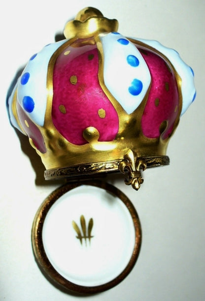 LIMOGES BOX~ KING'S BURGUNDY & GOLD 'JEWELED' CROWN ~ FLEUR-DE-LIS ~PEINT MAIN