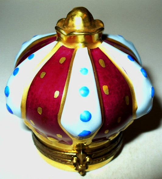 LIMOGES BOX~ KING'S BURGUNDY & GOLD 'JEWELED' CROWN ~ FLEUR-DE-LIS ~PEINT MAIN