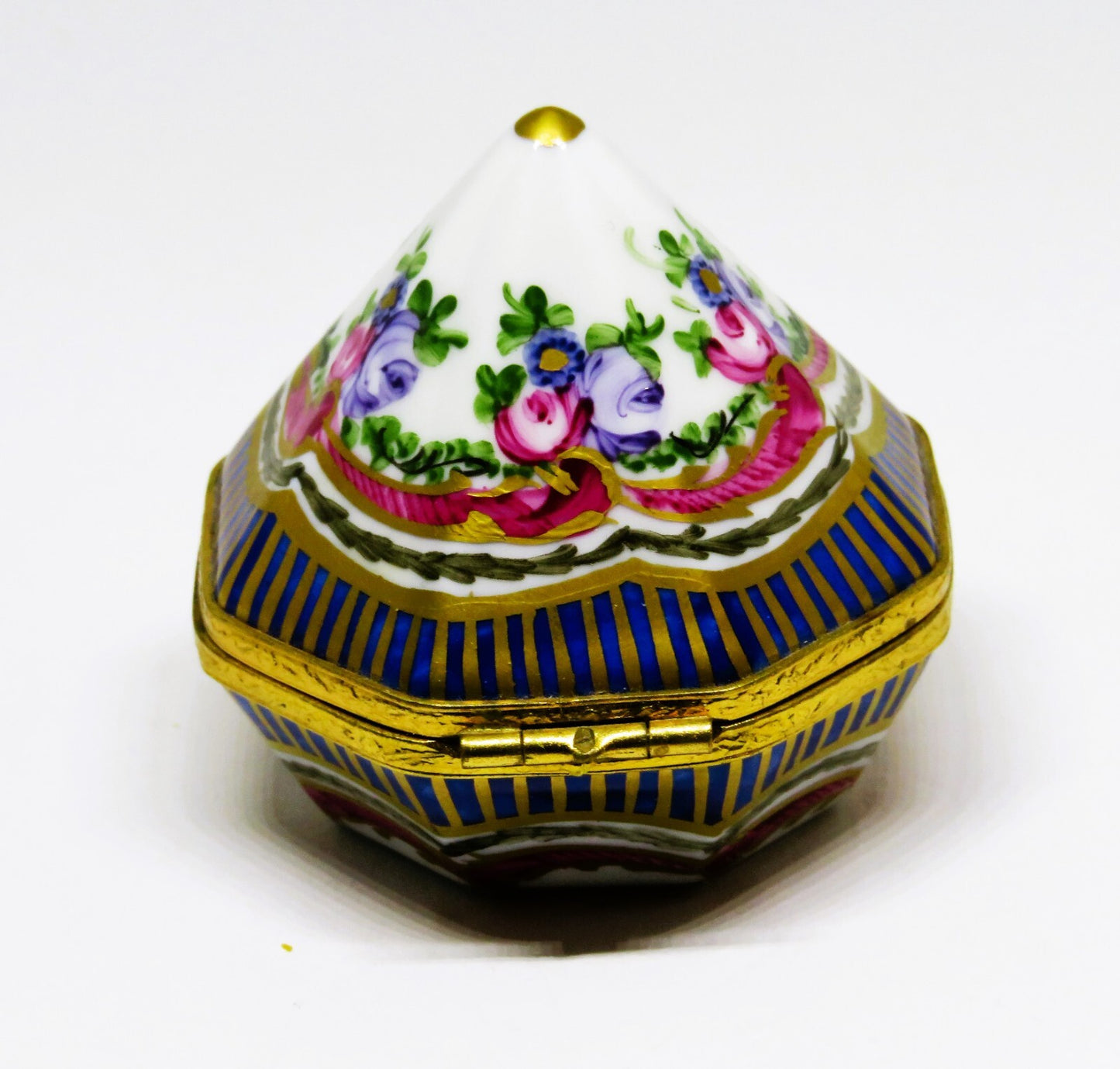 LIMOGES FRANCE BOX- UNUSUAL 8 SIDED FLORAL PYRAMID -SEVRES STYLE- FLOWERS -ROSES