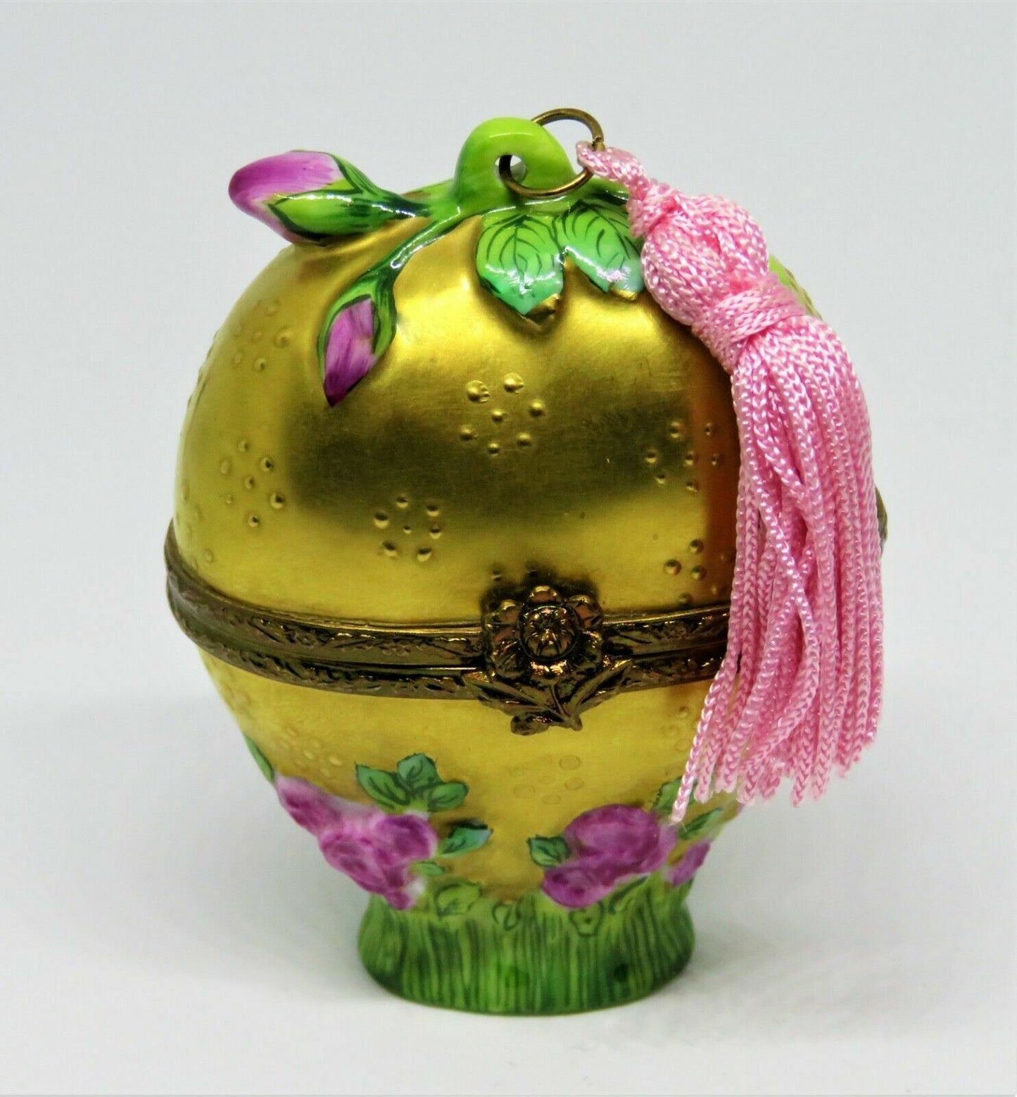 LIMOGES BOX - ROCHARD - GOLD FLORAL HEART & PERFUME BOTTLE - PINK ROSES & TASSEL