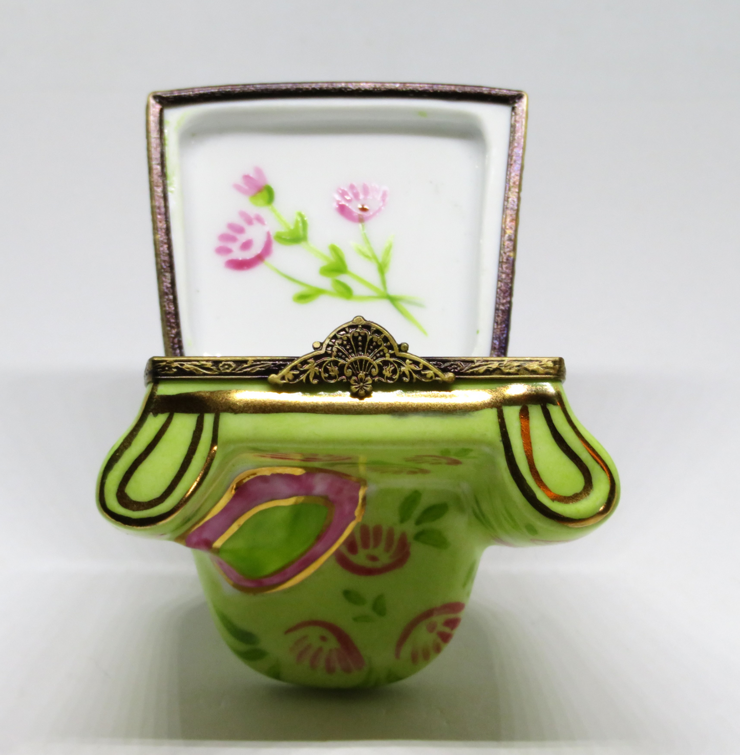 LIMOGES BOX - COMFORTABLE GREEN READING CHAIR & PILLOW - PINK FLOWERS