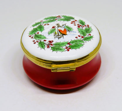 CRUMMLES ENGLISH ENAMEL BOX- ANNO DOMINI CHRISTMAS 1976 - ROBIN & HOLLY & CHURCH
