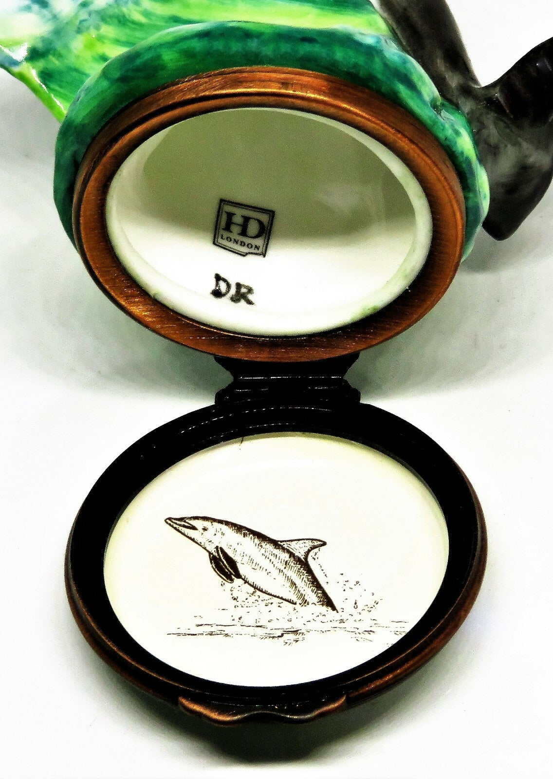 HALCYON DAYS ENGLISH ENAMEL BOX - DOLPHIN ON A WAVE BONBONNIERE - PORPOISE - MIB
