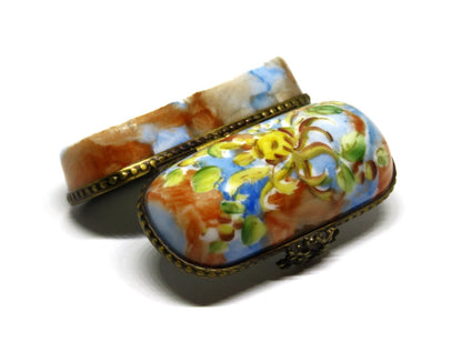LIMOGES FRANCE - DUBARRY- SMALL FLORAL PIN BOX  - WATERCOLOR FLOWERS - RIBBONS