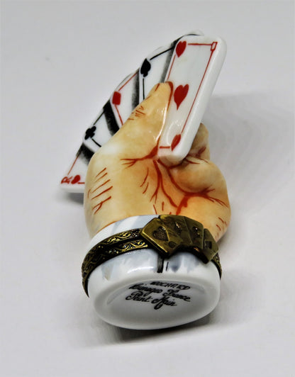 LIMOGES FRANCE BOX - ROCHARD  - SLEIGHT OF HAND - MALE HAND AND PLAYING CARDS