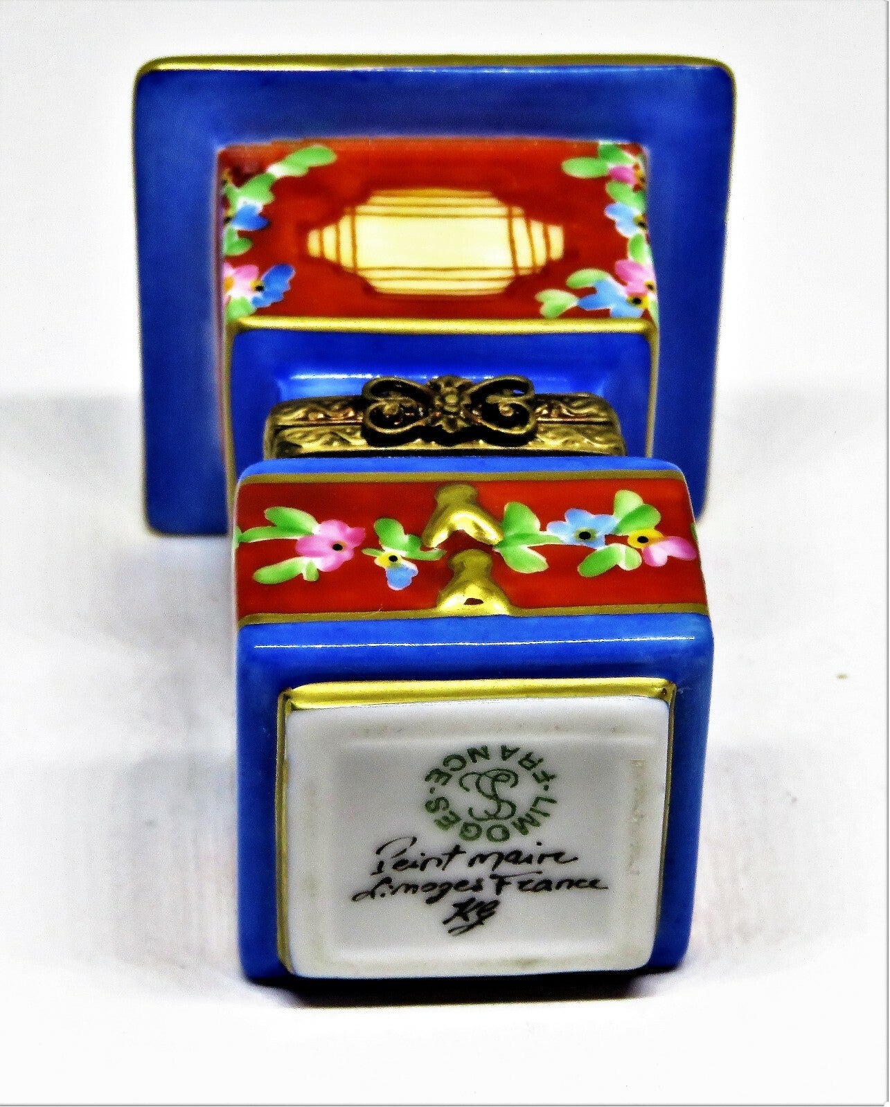 LIMOGES FRANCE BOX - ASIAN LANTERN - FLOWERS & GOLD TASSELS  - BUTTEFLY CLASP