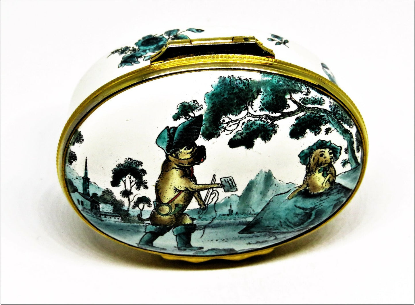 HALCYON DAYS ENAMEL BOX - ANTIQUE REPRODUCTION - WHIMSICAL COURTING DOGS - LOVE