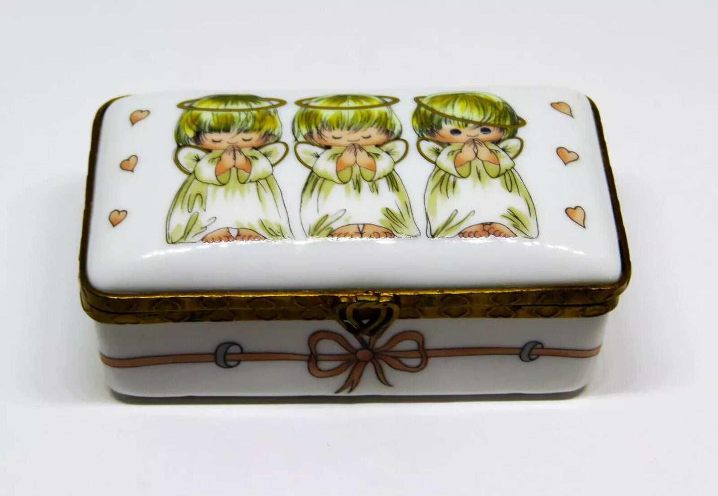 LIMOGES FRANCE BOX ~ ROCHARD ~ 3 LITTLE ANGELS ~ PINK HEARTS ~ "GOD BLESS YOU!"