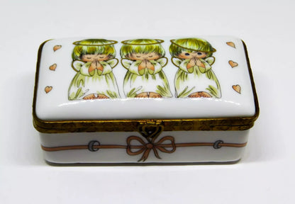 LIMOGES FRANCE BOX ~ ROCHARD ~ 3 LITTLE ANGELS ~ PINK HEARTS ~ "GOD BLESS YOU!"