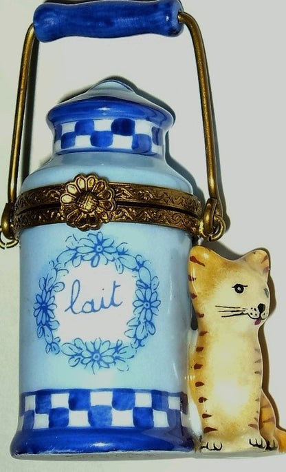 LIMOGES FRANCE BOX - PARRY-VIEILLE - TABBY CAT & MILK BOTTLE - KITTEN - KITTY