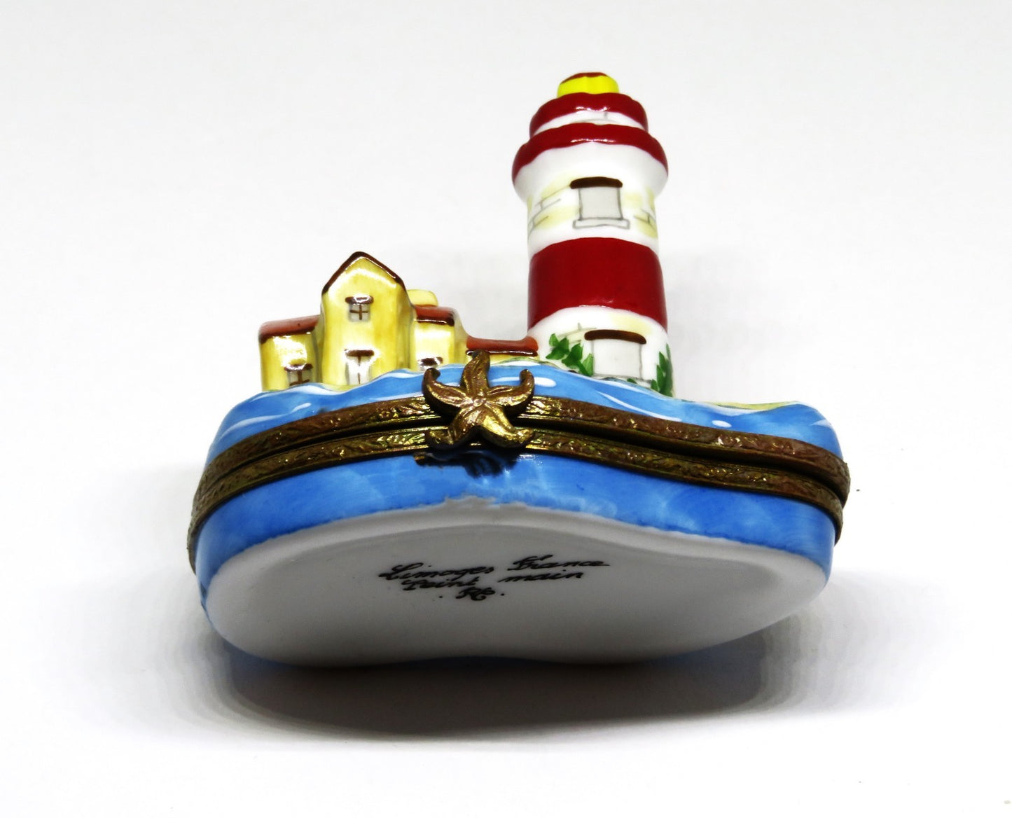 LIMOGES FRANCE BOX - LIGHTHOUSE & ISLAND - STARFISH CLASP - BIRDS & SUN INSIDE