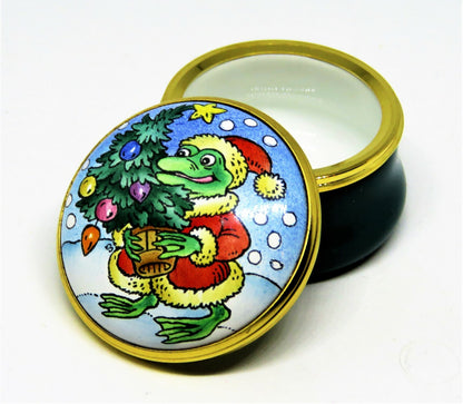 HALCYON DAYS ENAMEL BOX - FROG OR ALLIGATOR SANTA CLAUS & CHRISTMAS TREE