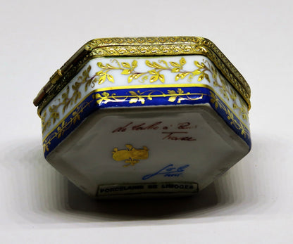 LIMOGES FRANCE HEXAGON BOX - LE TALLEC - FLOWERS & GOLD VINES - ROSES - 1960