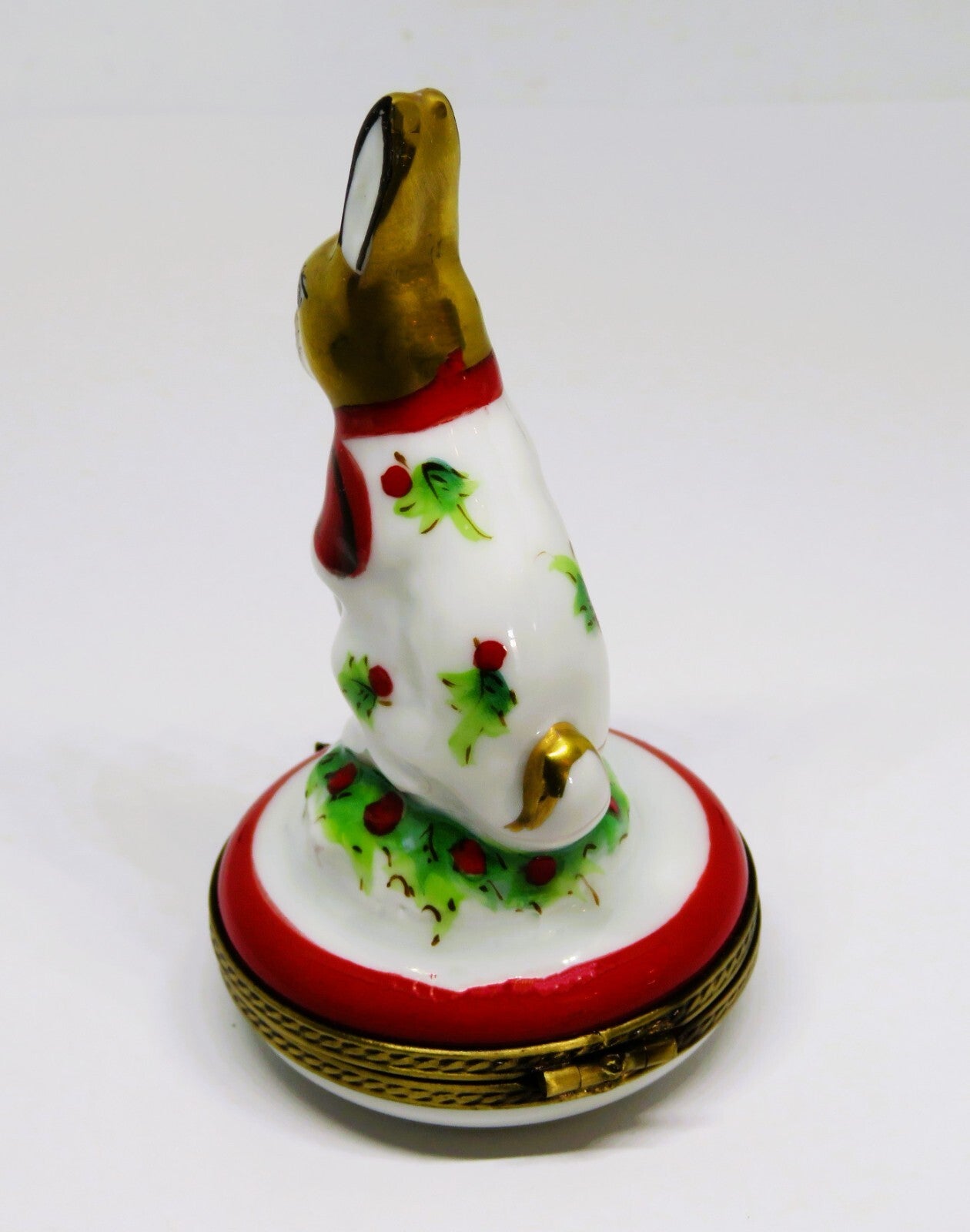 LIMOGES FRANCE BOX - CHAMART - WHITE BUNNY & RED BOW & HOLLY - FIRST CHRISTMAS