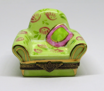 LIMOGES BOX - COMFORTABLE GREEN READING CHAIR & PILLOW - PINK FLOWERS
