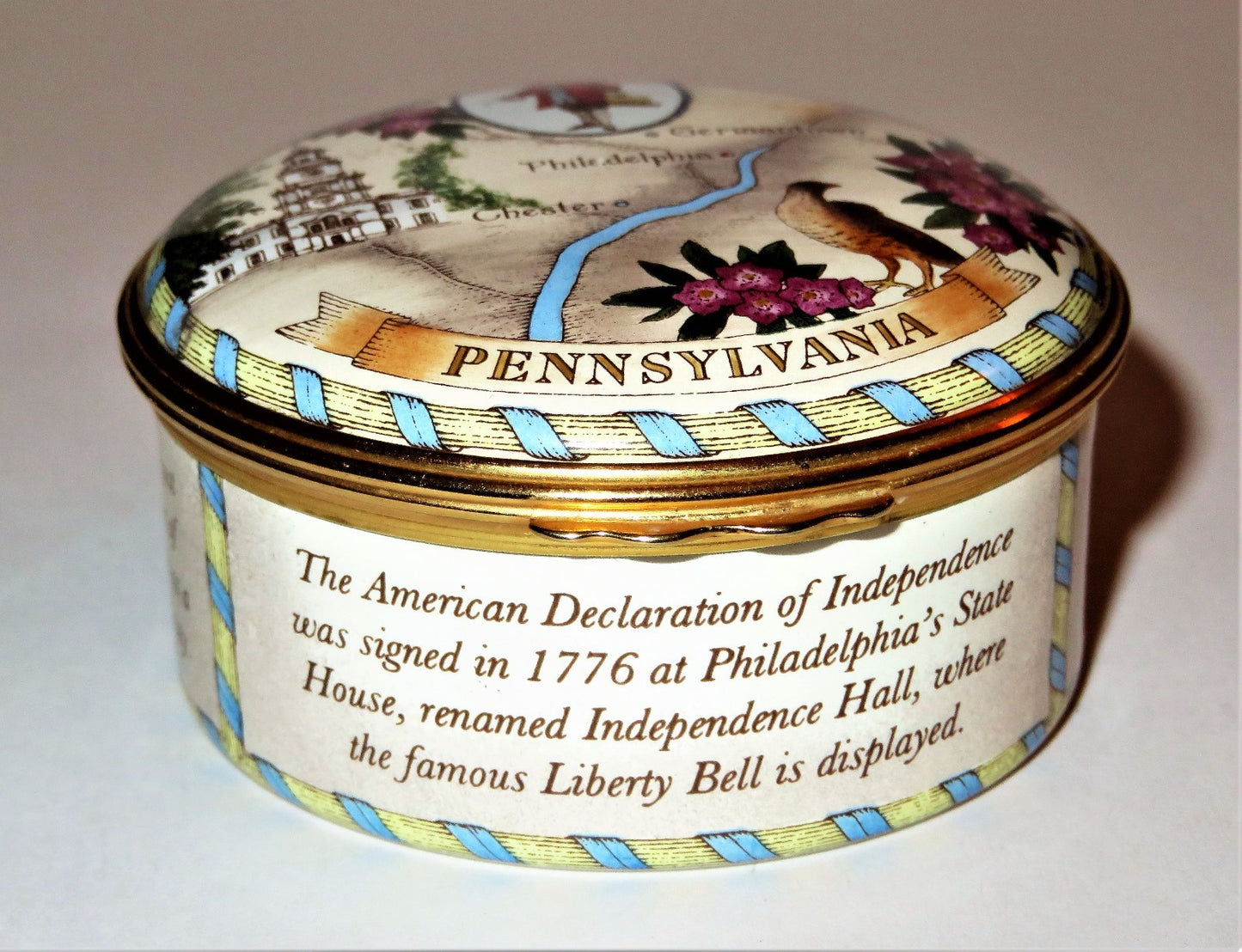 HALCYON DAYS ENAMEL BOX -STATE OF PENNSYLVANIA- INDEPENDENCE HALL - WILLIAM PENN