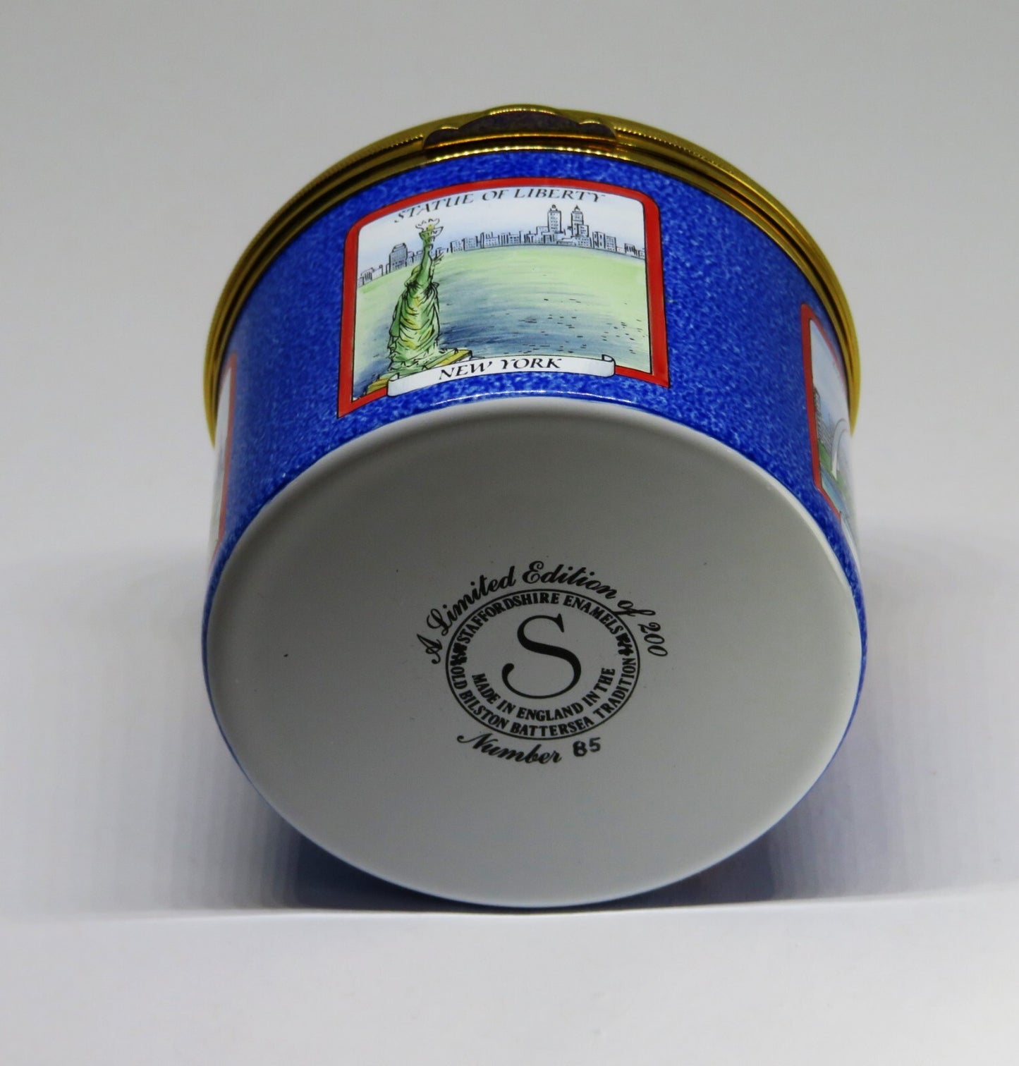 STAFFORDSHIRE ENGLISH ENAMEL BOX - U. S. LANDMARKS - STATUE OF LIBERTY - CAPITOL