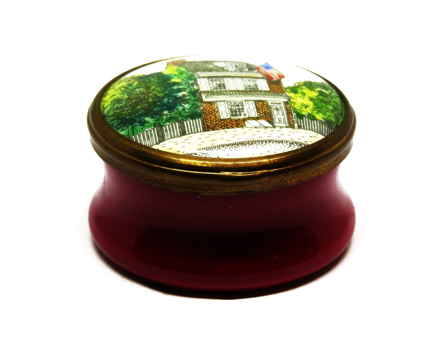 HALCYON DAYS ENGLISH ENAMEL BOX -BETSY ROSS HOUSE- PHILADELPHIA -U. S. FLAG- MIB