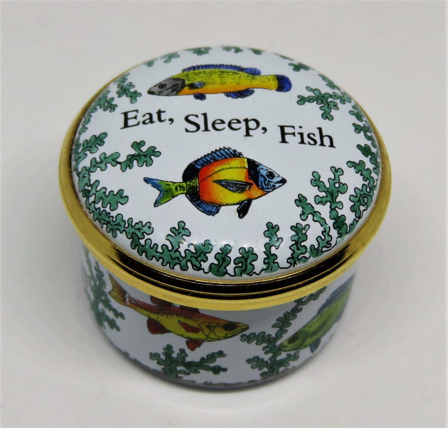 HALCYON DAYS ENAMEL BOX- "EAT, SLEEP, FISH" - FISHING - SEAWEED - GUMP'S - GUMPS