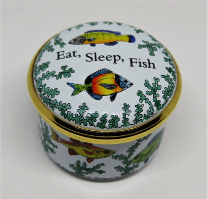 HALCYON DAYS ENAMEL BOX- "EAT, SLEEP, FISH" - FISHING - SEAWEED - GUMP'S - GUMPS