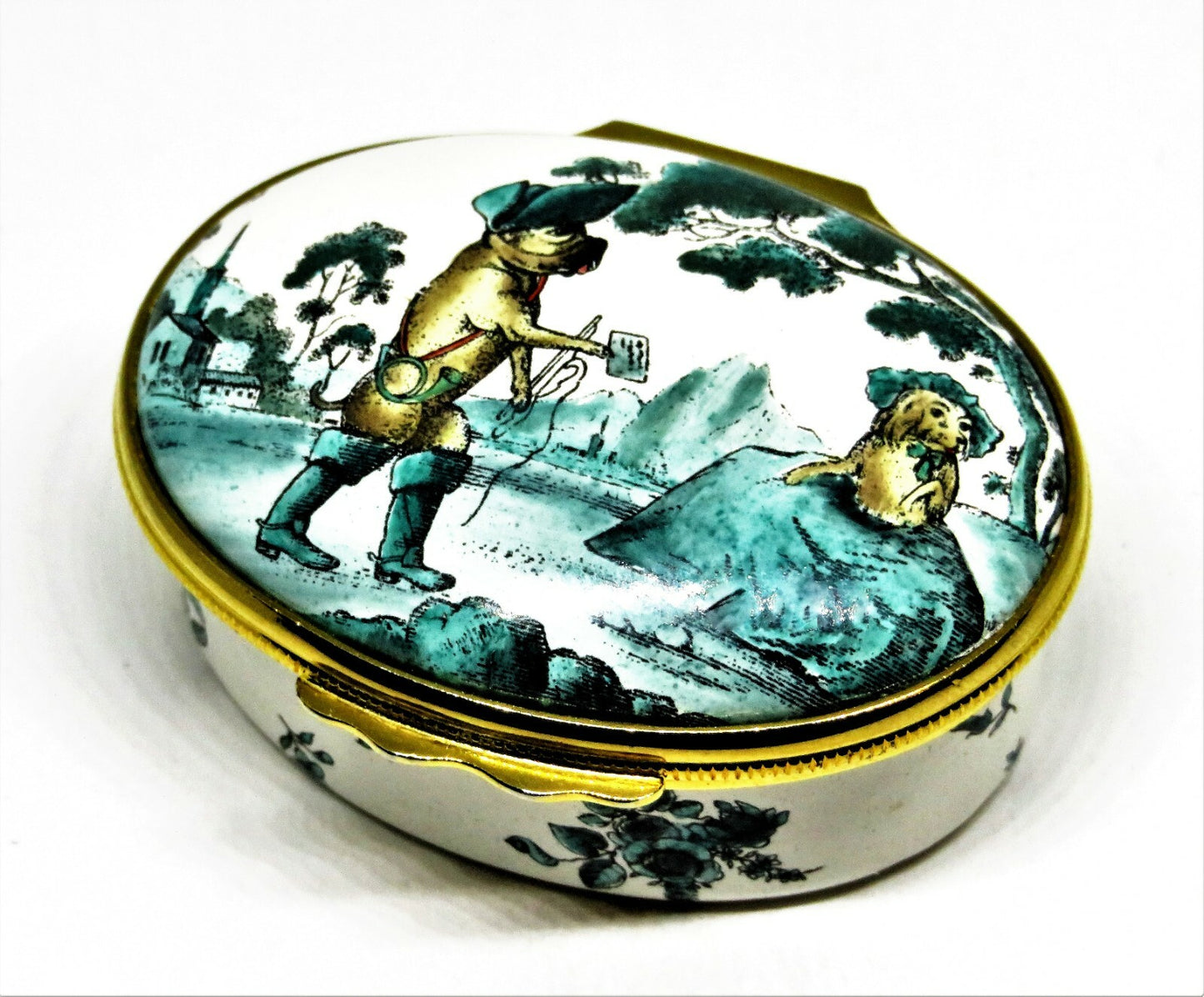 HALCYON DAYS ENAMEL BOX - ANTIQUE REPRODUCTION - WHIMSICAL COURTING DOGS - LOVE