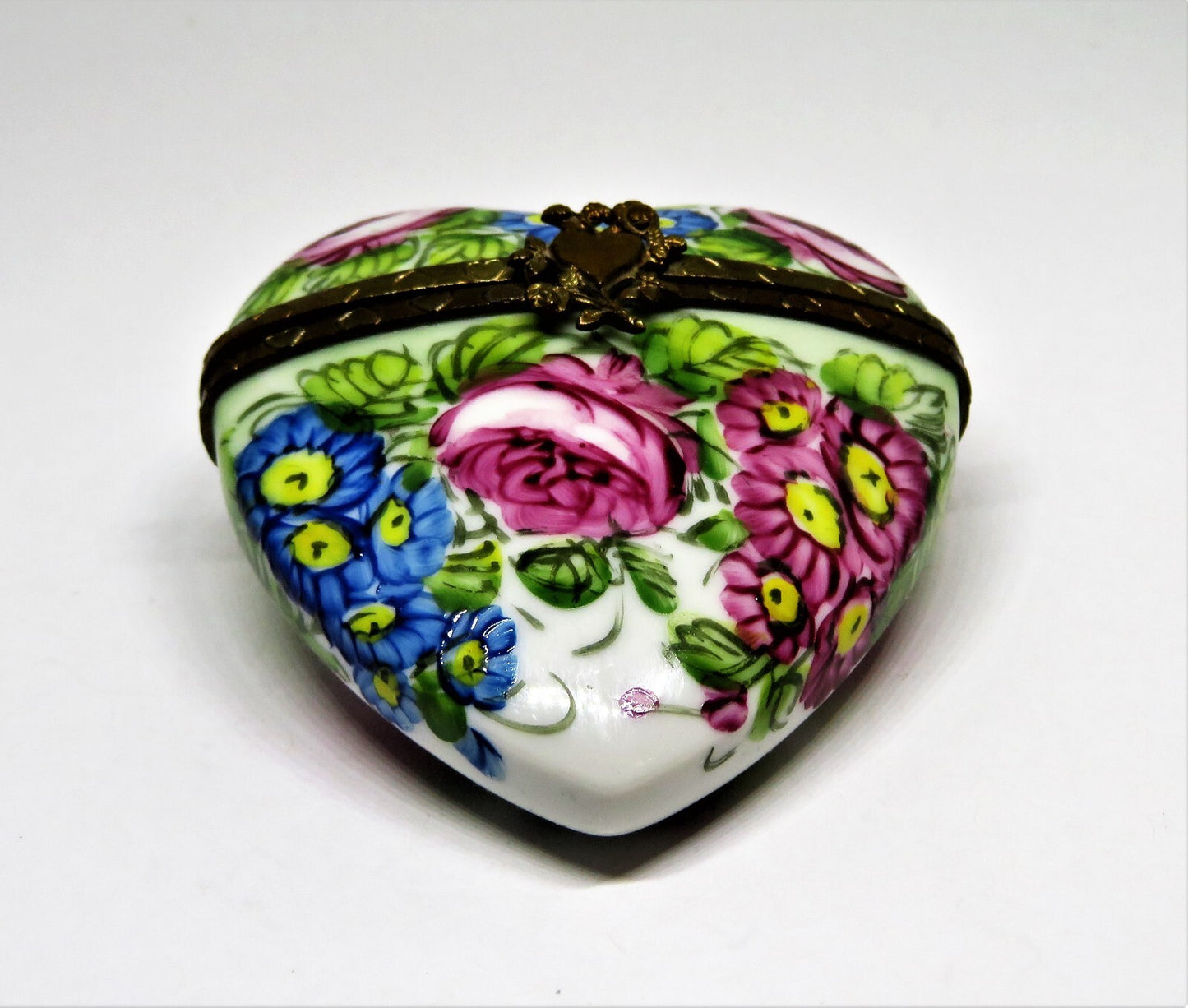 LIMOGES FRANCE BOX - FLORAL HEART & PERFUME BOTTLE - FLOWERS - PINK ROSES
