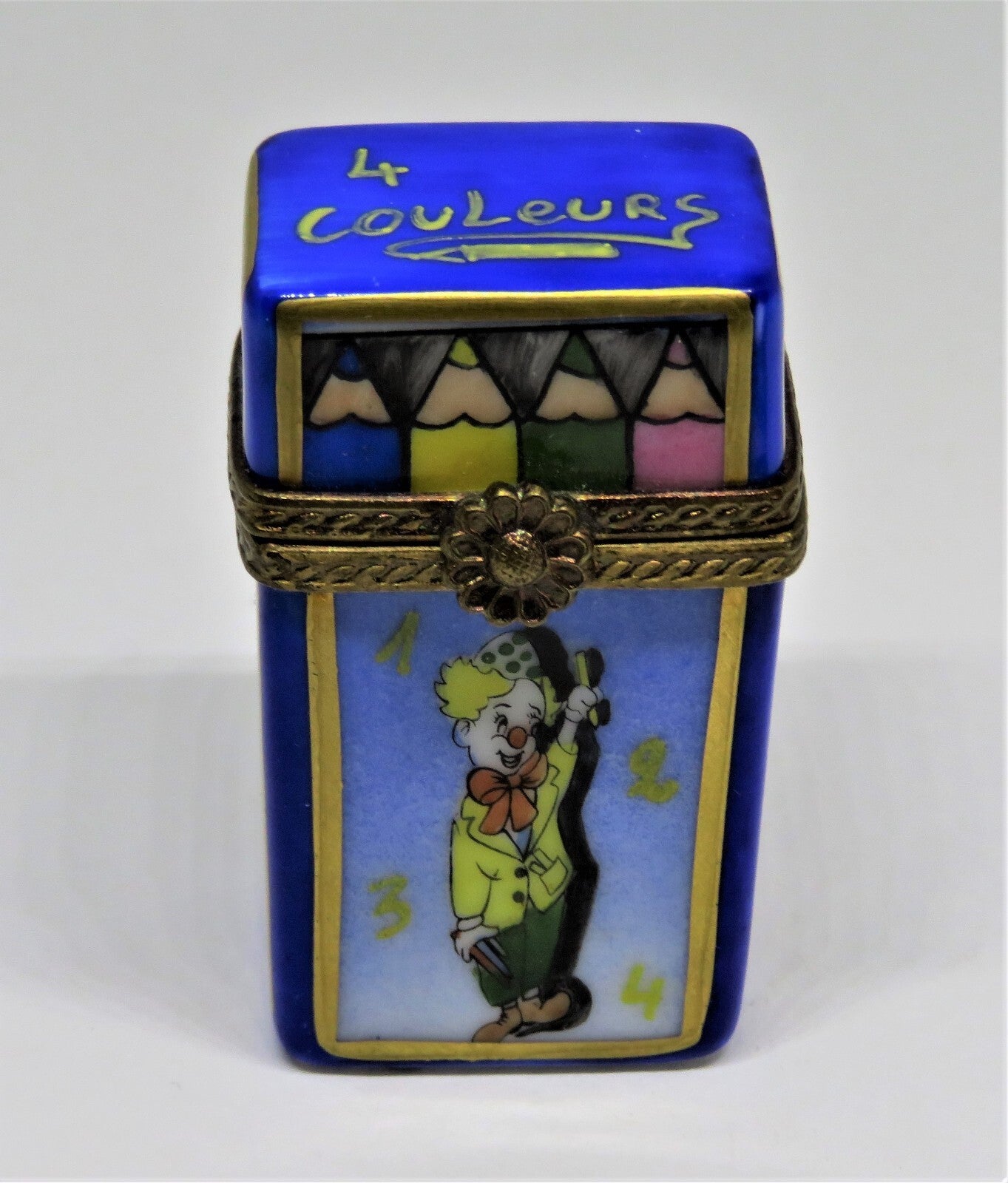 LIMOGES BOX OF CRAYONS -GR- 4 REMOVABLE COLORED PENCILS -SCHOOL- CLOWN & FLOWERS