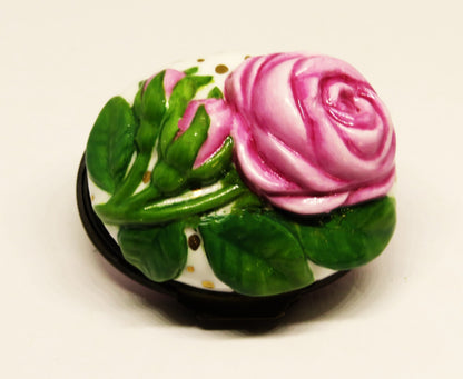 HALCYON DAYS ENGLISH ENAMEL BOX - PINK ROSE BONBONNIERE - ANNIVERSARY - MIB
