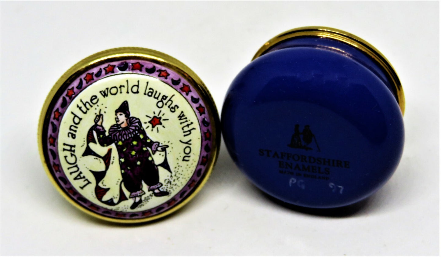 STAFFORDSHIRE ENAMELS BOX - "LAUGH AND THE WORLD LAUGHS WITH YOU" - CLOWN - MIME