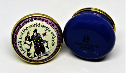 STAFFORDSHIRE ENAMELS BOX - "LAUGH AND THE WORLD LAUGHS WITH YOU" - CLOWN - MIME