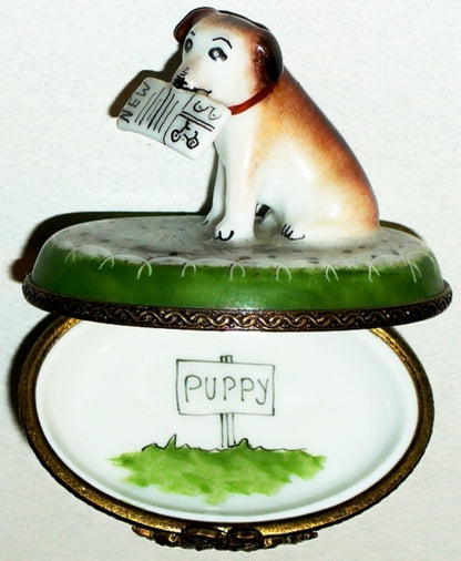 LIMOGES FRANCE BOX- PARRY-VIEILLE - TERRIER DOG & NEWSPAPER IN HIS MOUTH - PUPPY