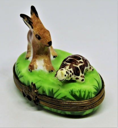 LIMOGES BOX - HARE & TORTOISE RACE - RABBIT & TURTLE -  BUNNY - AESOP'S FABLES