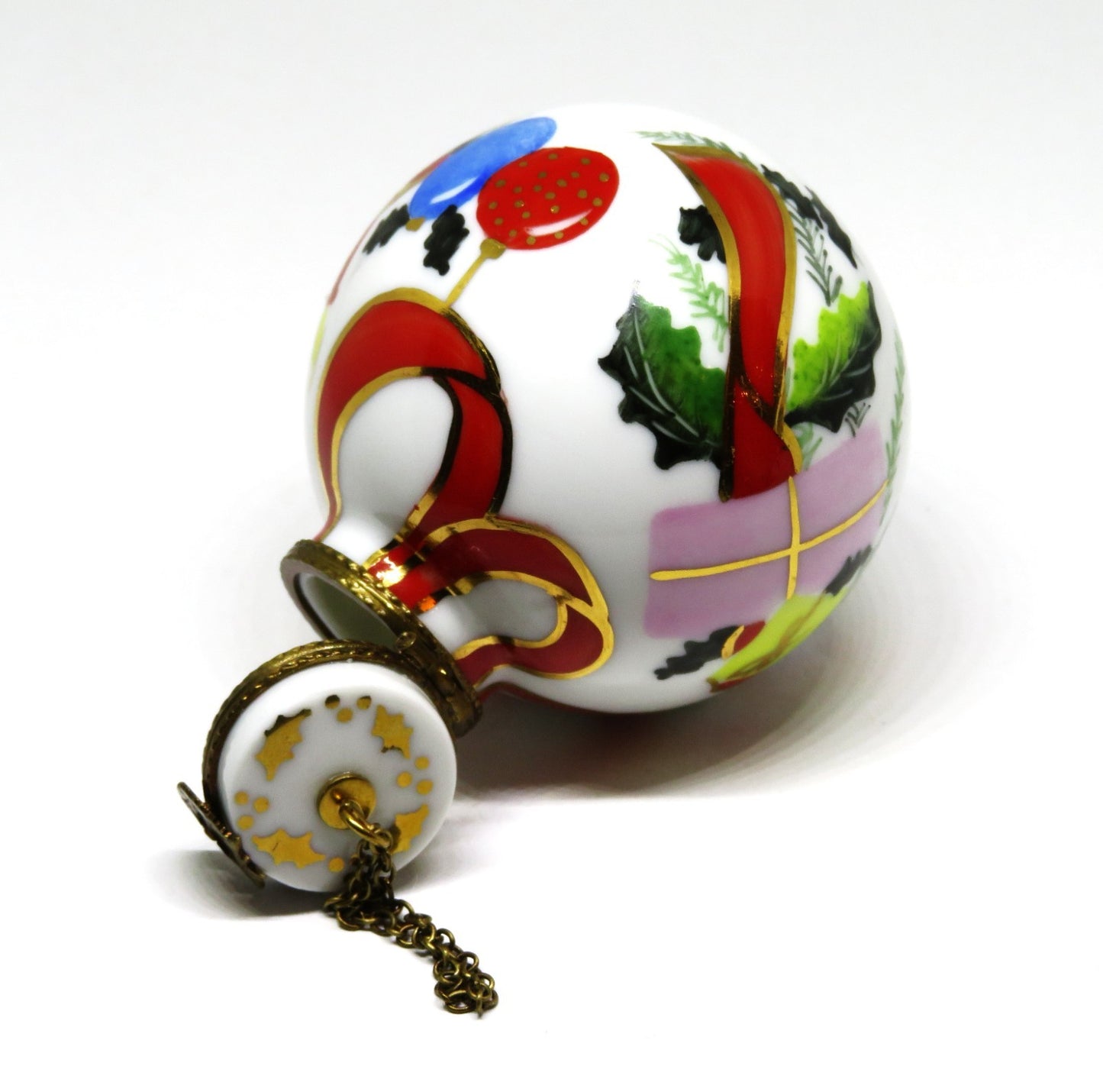 LIMOGES BOX - CHRISTMAS TREE BALL ORNAMENT - HOLLY & RIBBONS & CANDLES & GIFTS