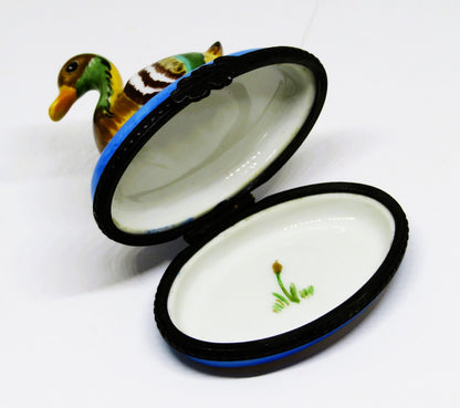 LIMOGES FRANCE BOX - COLORFUL MALLARD DUCK IN BLUE POND - REEDS & CATTAIL INSIDE