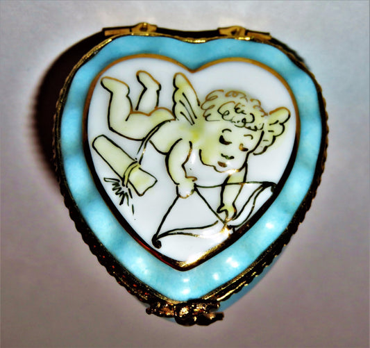LIMOGES FRANCE BOX ~ BLUE RUFFLED HEART ~ CUPID & BOW & ARROW ~ ANNIVERSARY