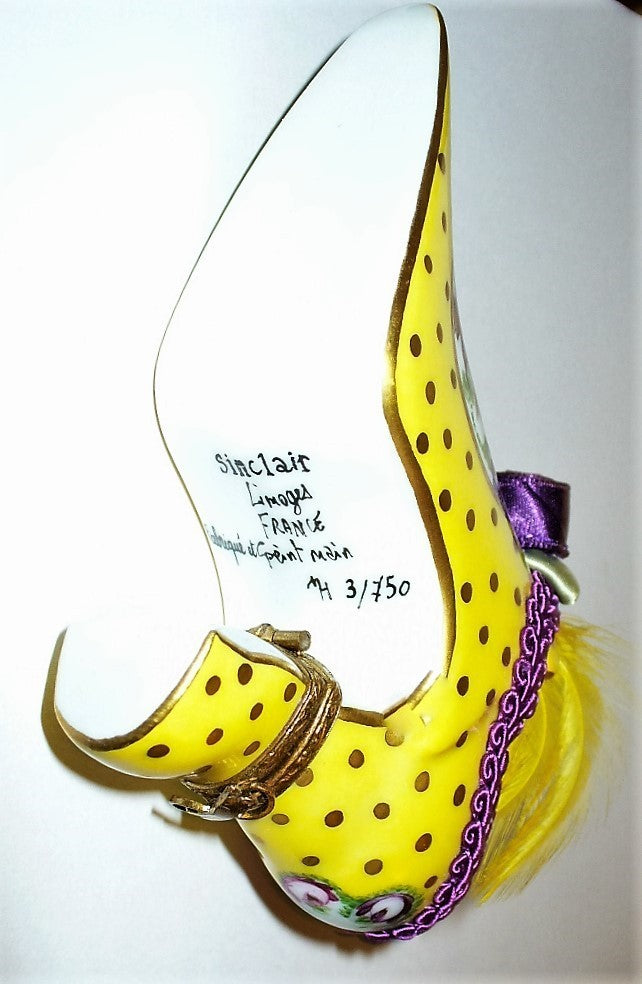 LIMOGES FRANCE BOX - YELLOW SHOE & FLOWERS & DOVES - BRAID & ROSETTE & FEATHERS