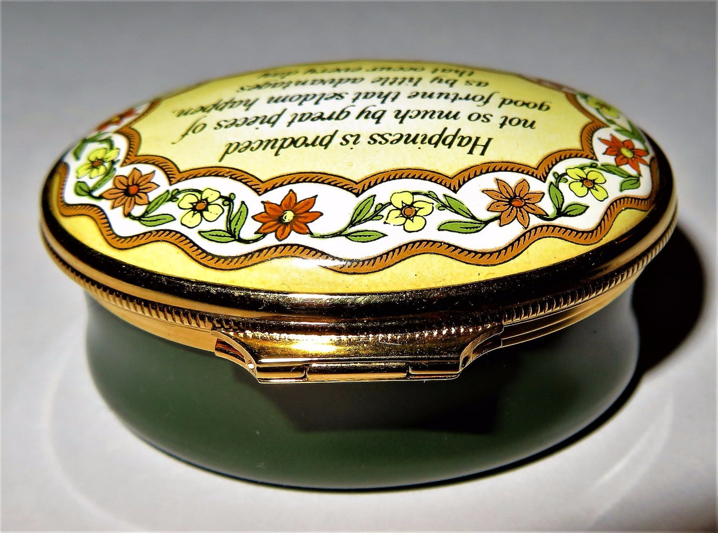 HALCYON DAYS ENAMEL BOX - "HAPPINESS IS ... " PHRASE - FLOWERS & LEAVES - MIB