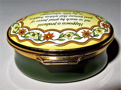 HALCYON DAYS ENAMEL BOX - "HAPPINESS IS ... " PHRASE - FLOWERS & LEAVES - MIB
