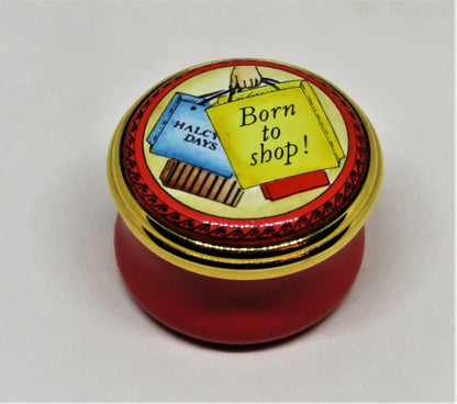 HALCYON DAYS ENGLISH ENAMEL BOX - "BORN TO SHOP!' - SHOPPING BAGS