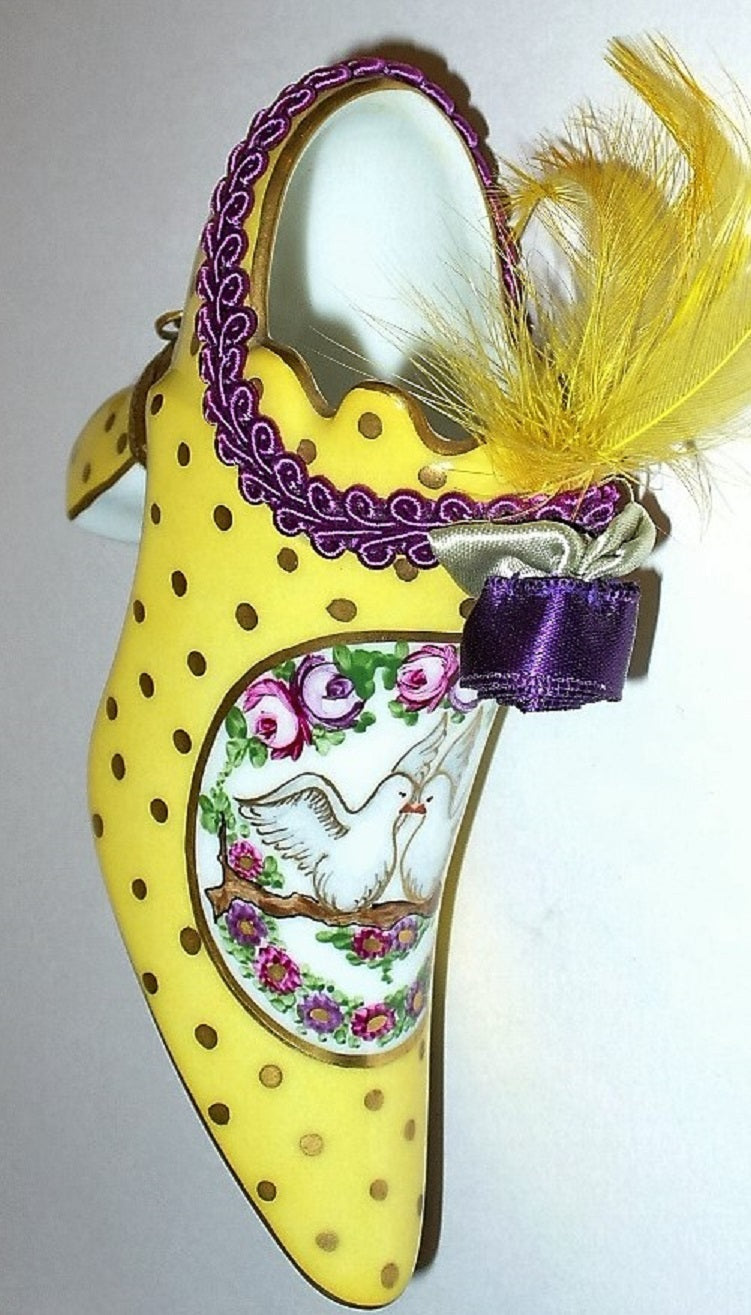 LIMOGES FRANCE BOX - YELLOW SHOE & FLOWERS & DOVES - BRAID & ROSETTE & FEATHERS